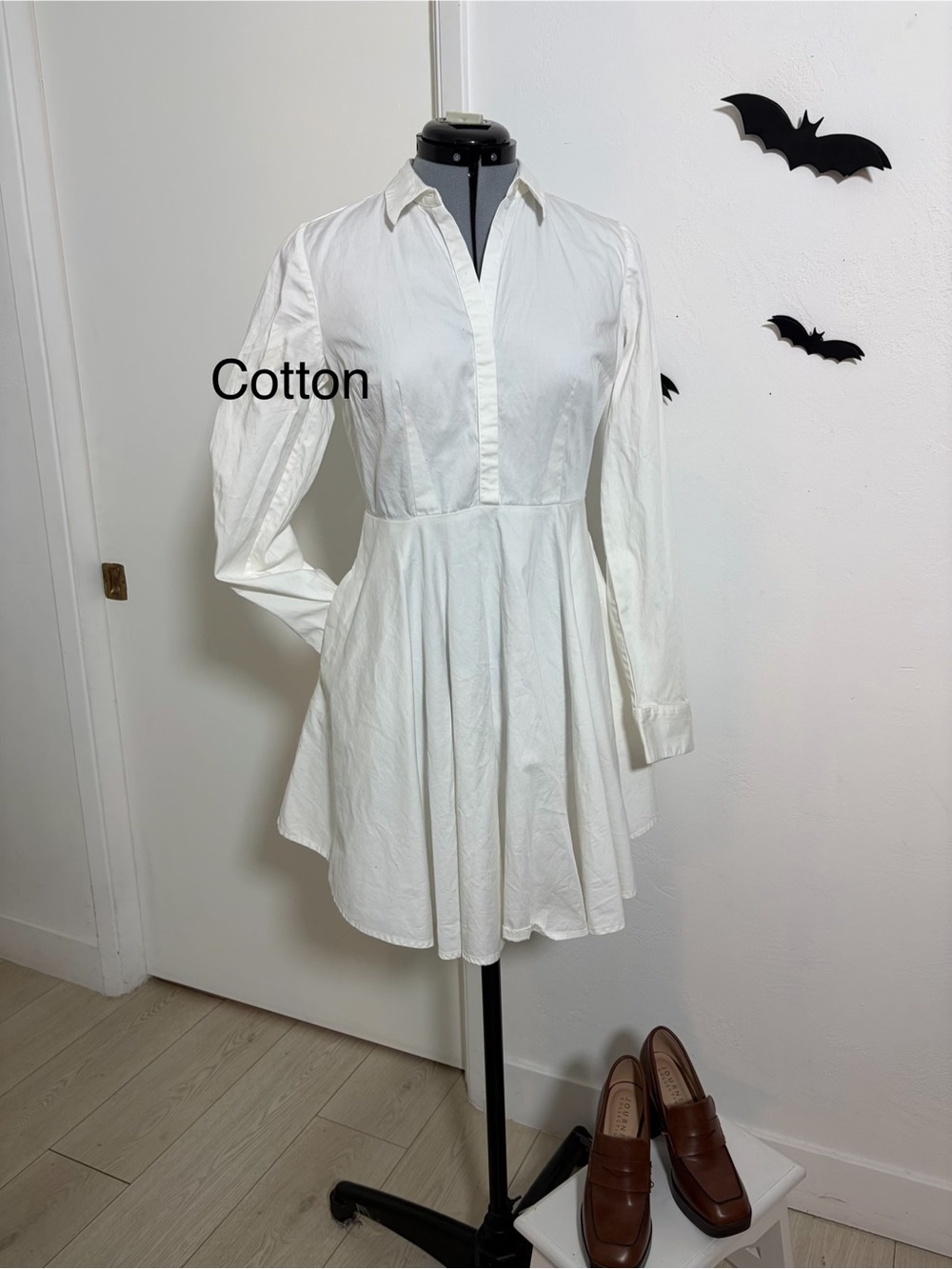 Express Cotton White Long-Sleeve Fit-and-Flare Shirt Dress